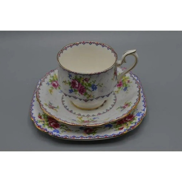 Royal Albert Petit Point Trio Teacup Saucer Plate Set Needlepoint Pattern  Blue - Picture 1 of 8
